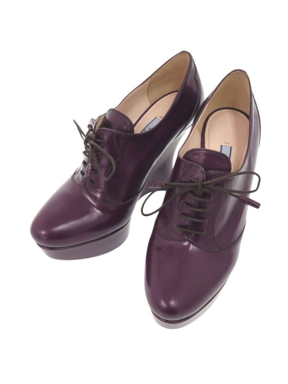 Prada Lace-up Wedge Booties Platform Pumps Leather Purple